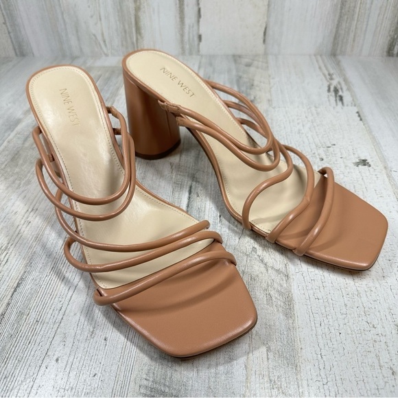 New Nine West Getcha 3 Heeled Brown Leather Block Heel Summer Sandals #498 - Picture 2 of 10